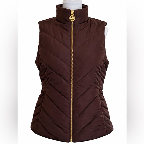 Michael Kors Jackets & Blazers - NWT Michael Kors Quilted Puffer Vest Brown Gold Zip Size Small Retails $195